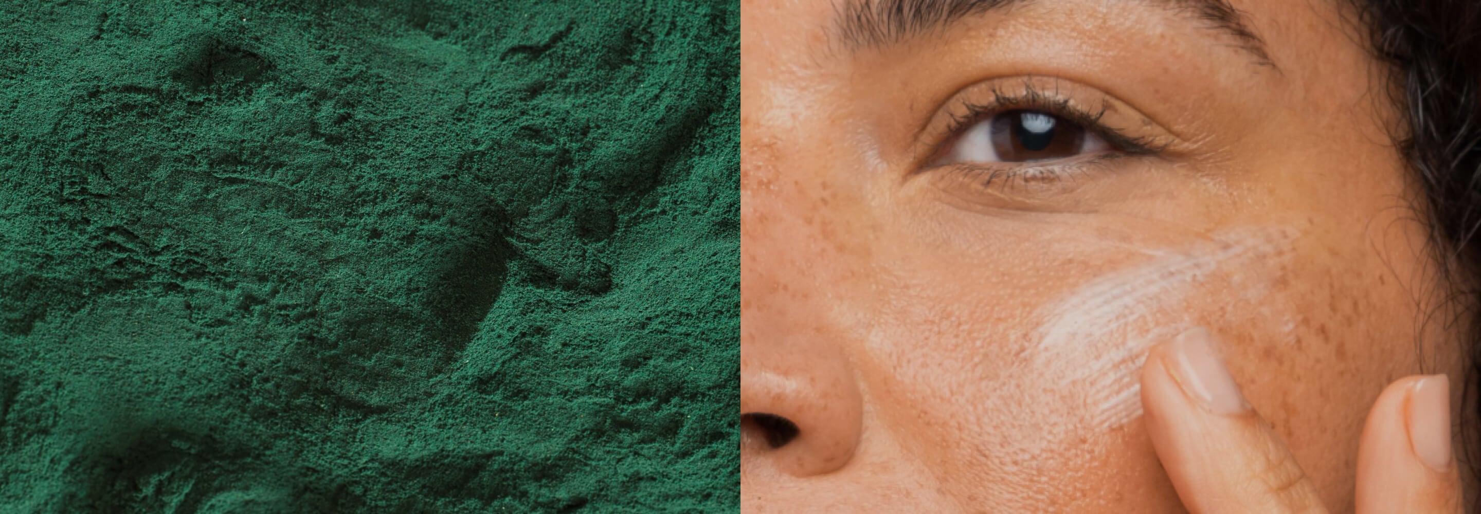 Green textured background and a woman applying serum